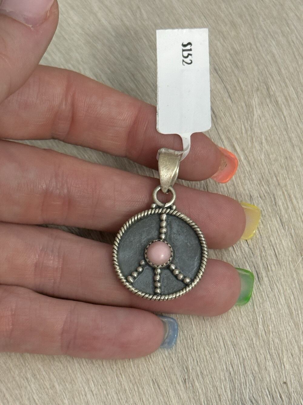Sterling Silver Pink Conch Round Peace Sign Pendant Single Stone Braided Edge